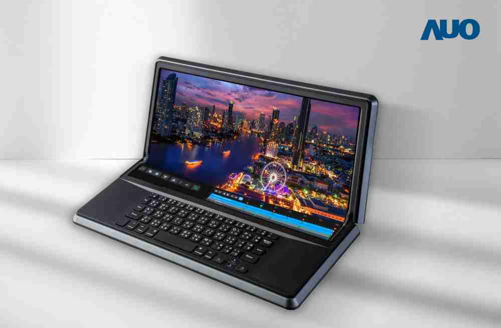 传奇国际14.6吋Micro LED折迭显示屏幕，，，，搭配半径4mm的弯折绞炼，，，以及高画素、、高亮度、、高对比度的显示技术特点，，，即便在大视角下仍保有绝佳色相与亮度